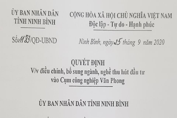 Quyết định điều chỉnh, bổ sung ngành, nghề thu hút đầu tư vào cụm công nghiệp Văn Phong