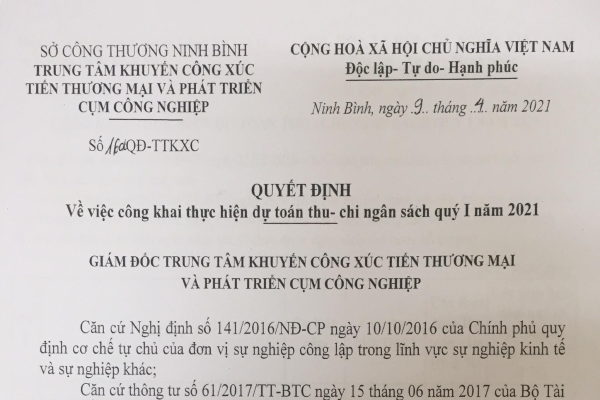 Công khai dự toán thu chi quý I/2021