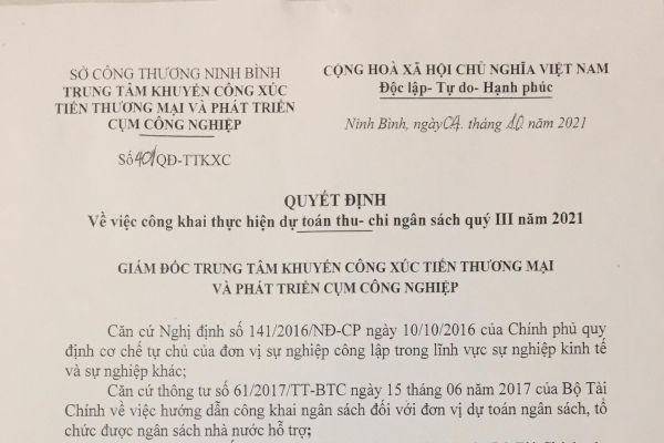 Công khai thực hiện dự toán thu - chi ngân sách quý III năm 2021