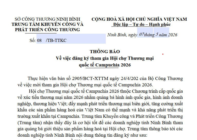 Thông báo về việc đăng ký tham gia hội chợ thương mại quốc tế Campuchia 2026