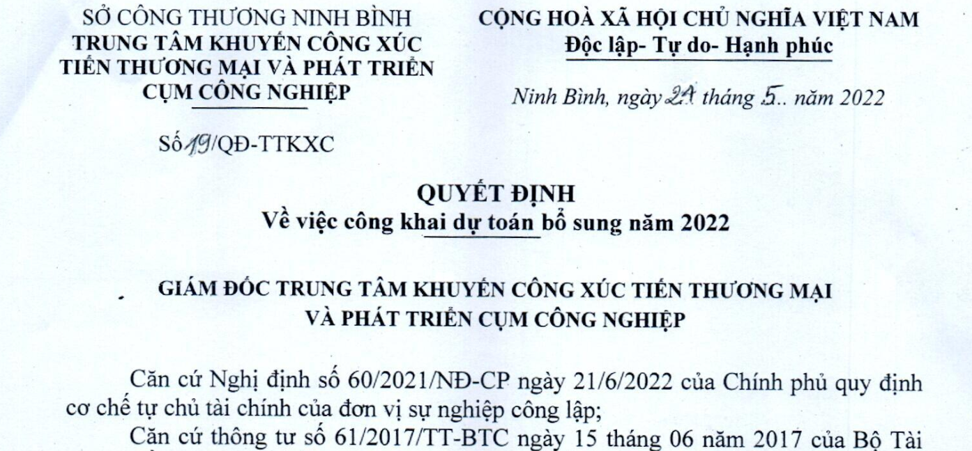 Công khai  dự toán bổ sung năm 2022