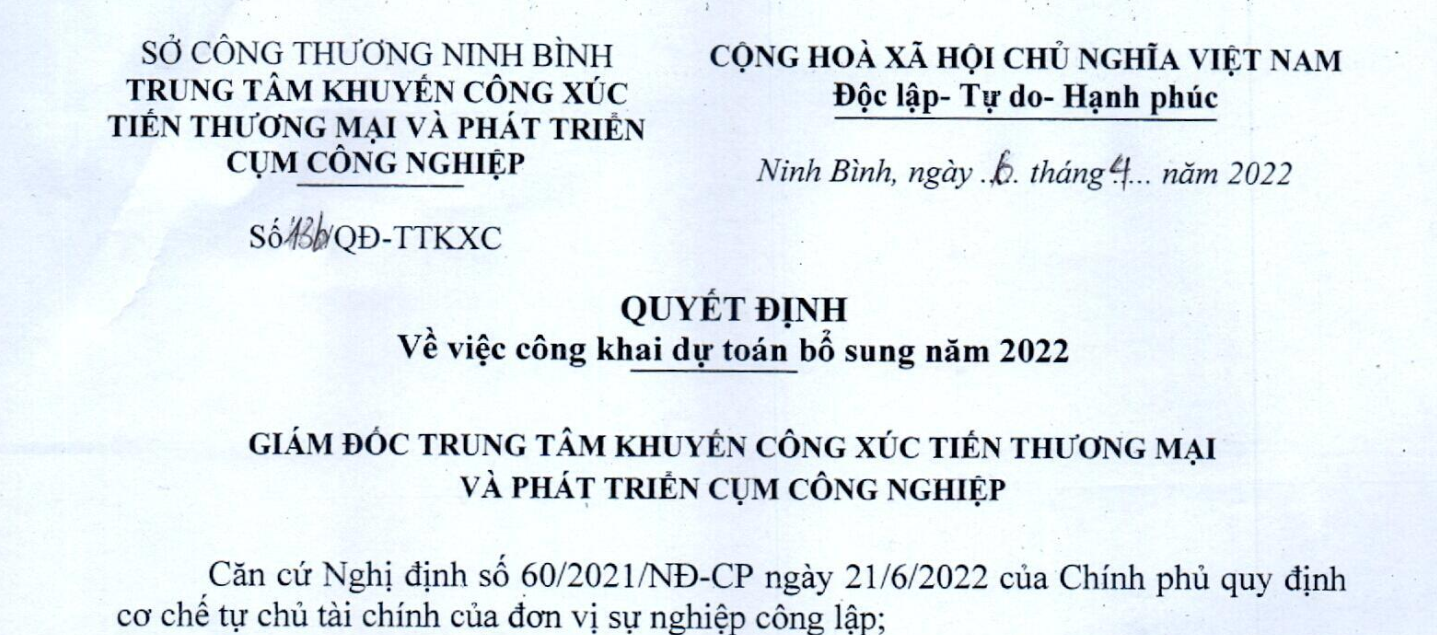 Công khai thực hiện dự toán bổ sung năm 2022