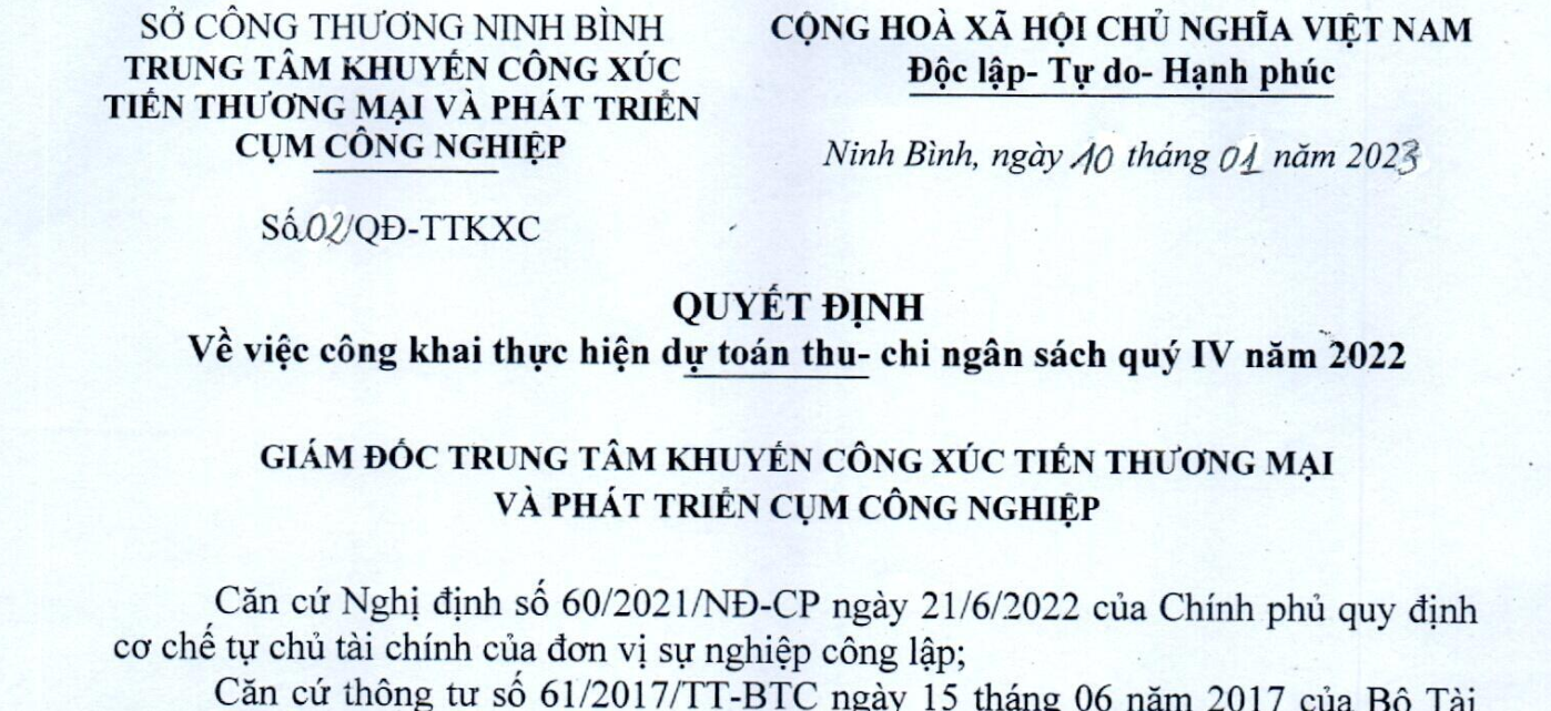 Công khai thực hiện dự toán thu - chi ngân sách quý IV năm 2022