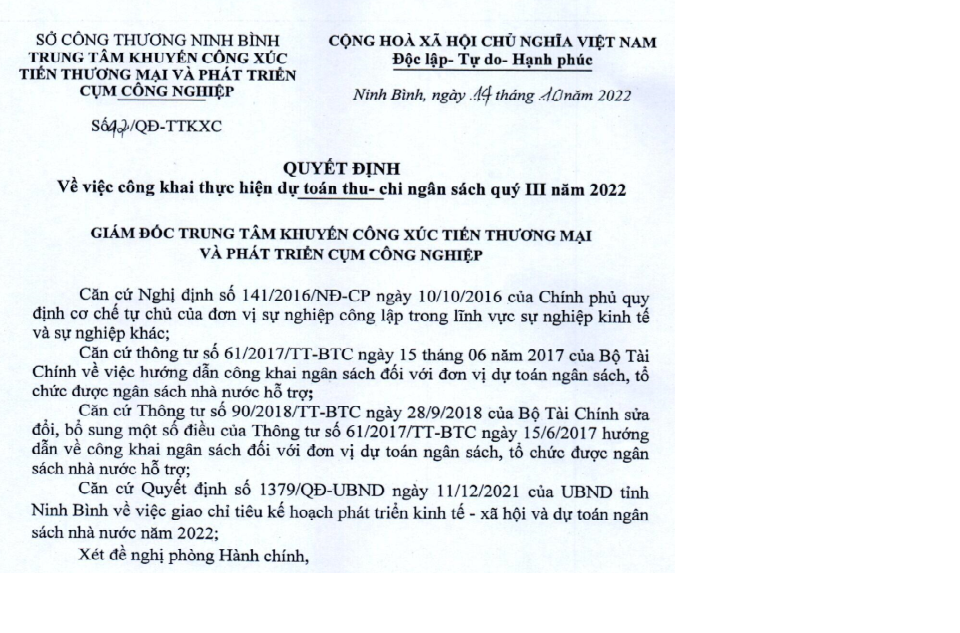 Công khai tình hình thực hiện dự toán thu - chi ngân sách nhà nước quý III năm 2022.