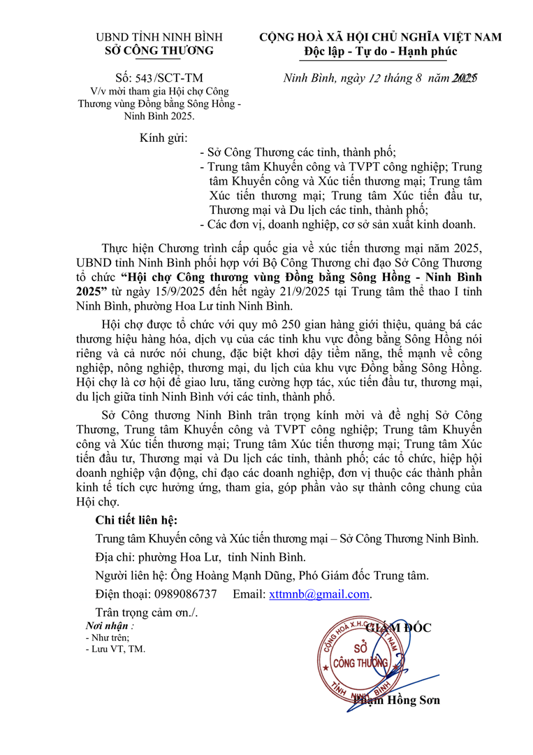 Về việc mời tham gia Hội chợ Công thương vùng Đồng bằng Sông Hồng - Ninh Bình 2025