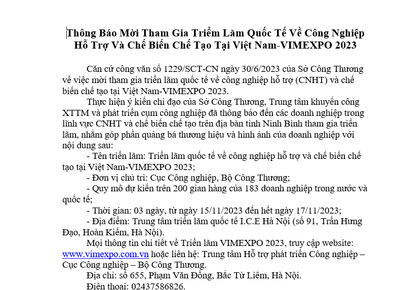 Thông Báo Mời Tham Gia Triểm Lãm Quốc Tế Về Công Nghiệp Hỗ Trợ Và Chế Biến Chế Tạo Tại Việt Nam-VIMEXPO 2023