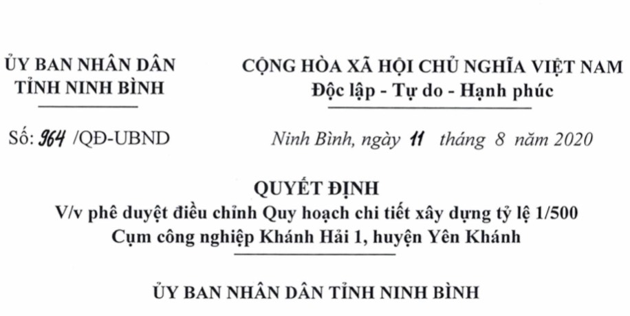 QUYẾT ĐỊNH V/v phê duyệt điều chỉnh Quy hoạch chi tiết xây dựng tỷ lệ 1/500 Cụm công nghiệp Khánh Hải 1, huyện Yên Khánh