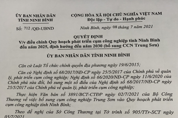 QUYẾT ĐỊNH V/v phê duyệt điều chỉnh Quy hoạch phát triển cụm công nghiệp tỉnh Ninh Bình đến năm 2025, định hướng đến năm 2030 ( bổ sung CCN Trung Sơn)
